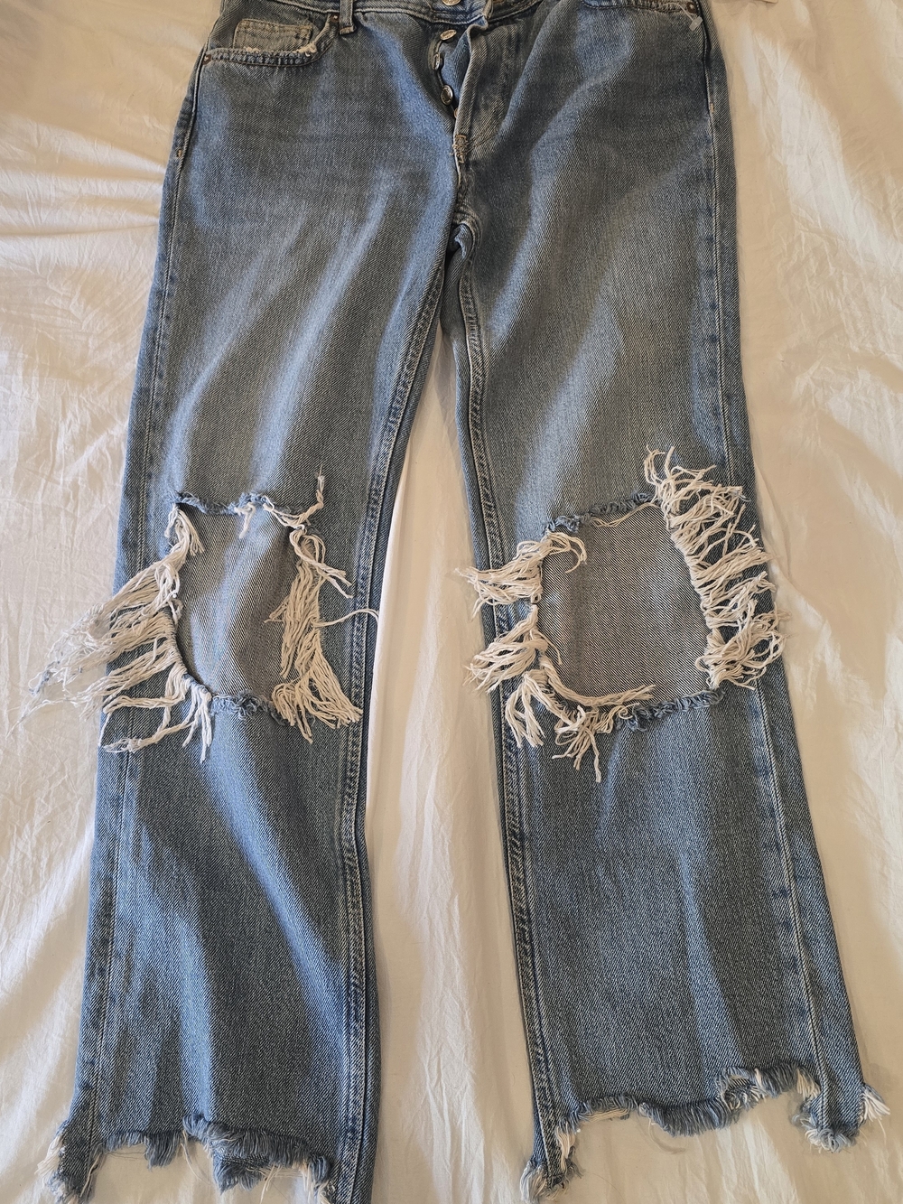 Free People Blue Distressed Straight Leg Jeans with Frayed Knees